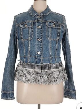 Pilcro and the Letterpress Blue Denim Jacket with Black-and-White Lace Peplum